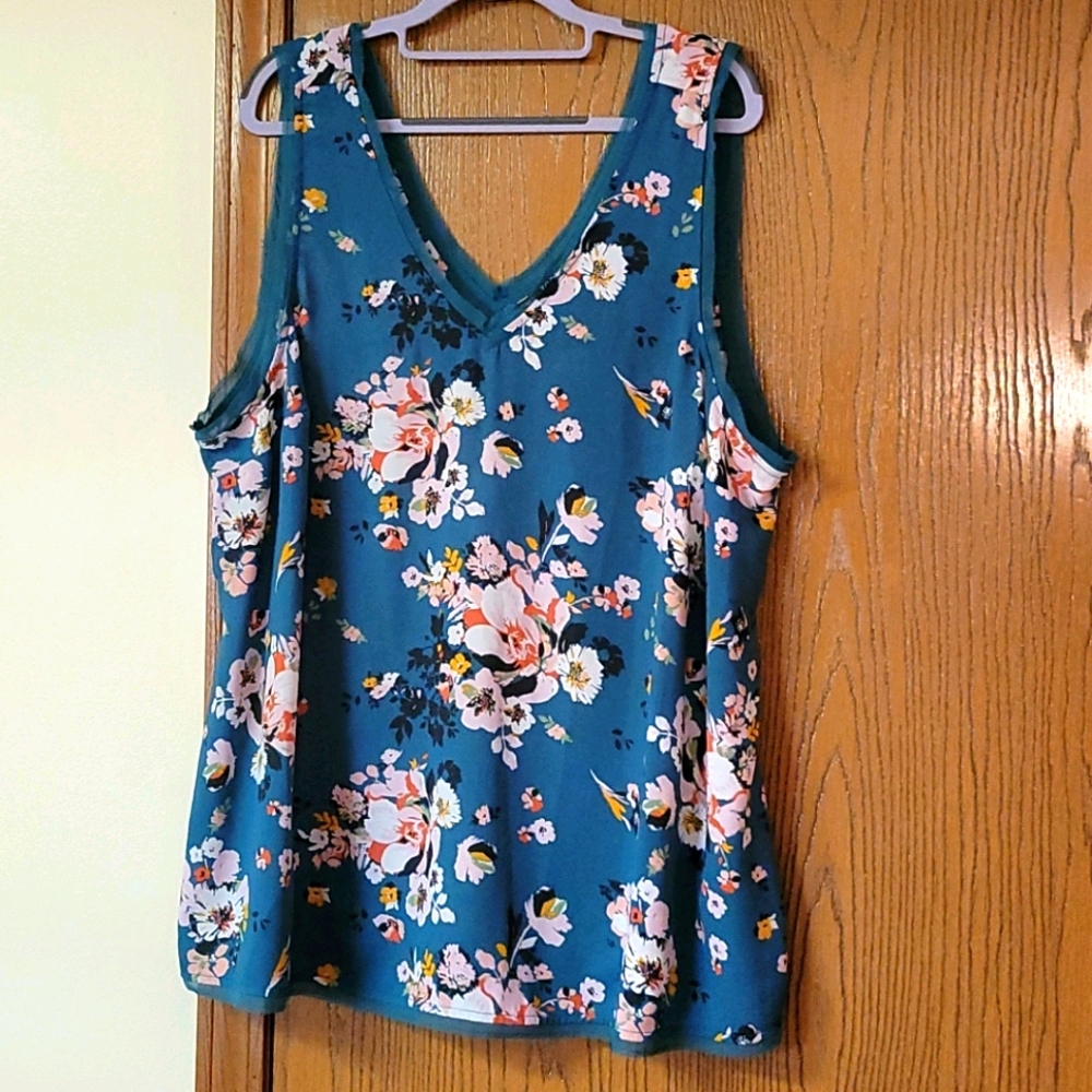 Teal Floral Double V Neck Tank